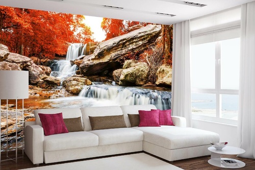 Vlies Fototapete - Landschaft mit dem Wasserfall 375 x 250 cm
